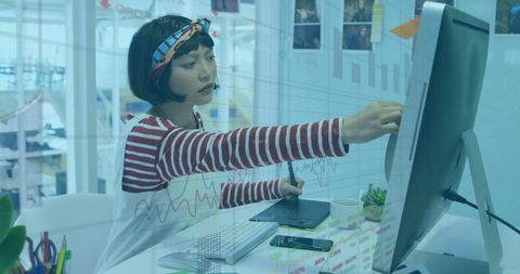 Asian businesswoman analyzing financial data on computer interface
