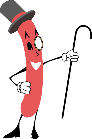 Playful sausage cartoon character with top hat on transparent background