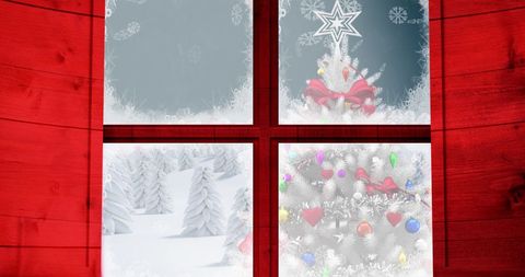 Festive Christmas Tree and Snowy Winter Wonderland Through Window