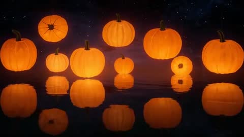 Glowing Pumpkins Hovering Above Reflective Water