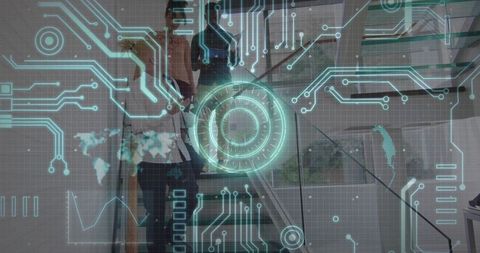 Projecting futuristic hud overlay over glass staircase with coworkers collaborating