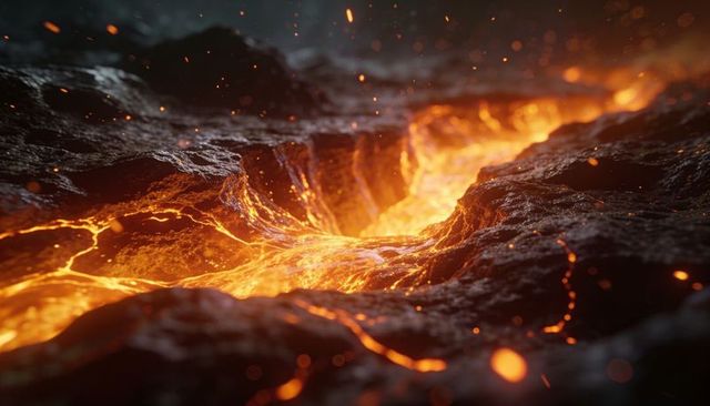 Flowing molten lava fissure cutting through fractured volcanic crust with embers