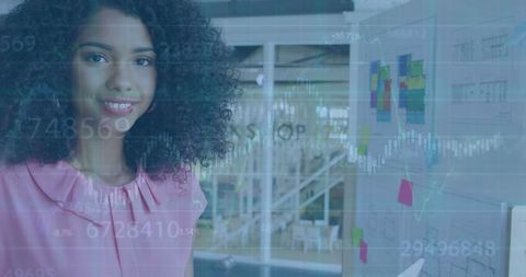 Businesswoman and Financial Data Overlay in Modern Office