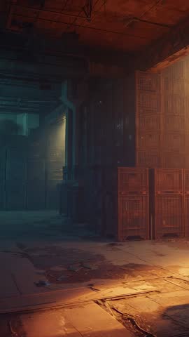 Vertical cinematic pan revealing shifting light on wooden crates in abandoned warehouse