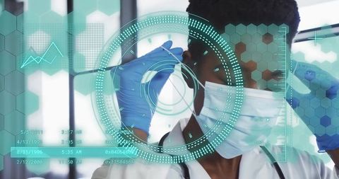 Healthcare professional adjusting mask with augmented reality HUD overlay in modern clinic