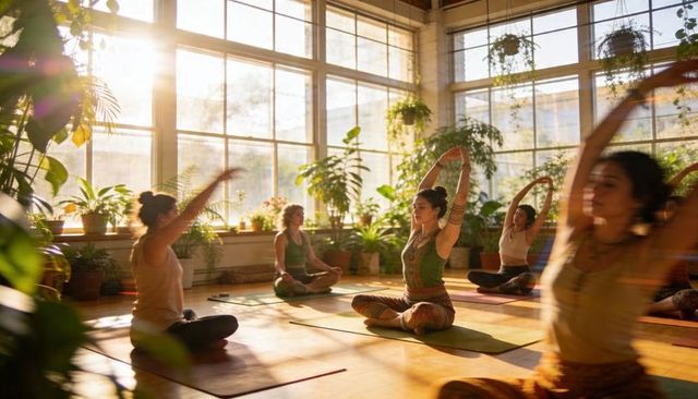 Sunlit yoga studio with women practicing mindful stretching among lush indoor plants