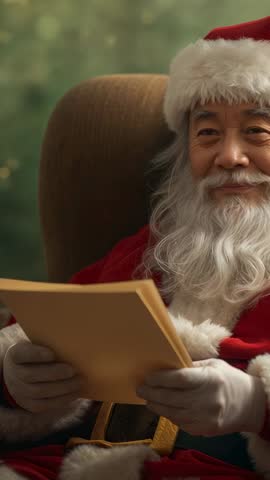 Vertical holiday video of senior Santa reading yellow folder and reflecting in armchair
