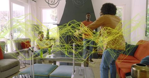 Group Greeting and Luggage Arrival in Bright Open-Plan Living Room with Fireplace