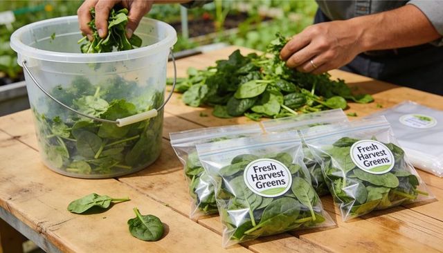 Hand-packing fresh spinach into labeled resealable bags at small sunlit farm harvest station