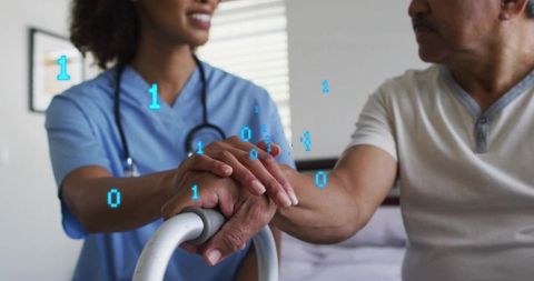 Nurse supporting senior with walker at bedside showing digital binary data overlay