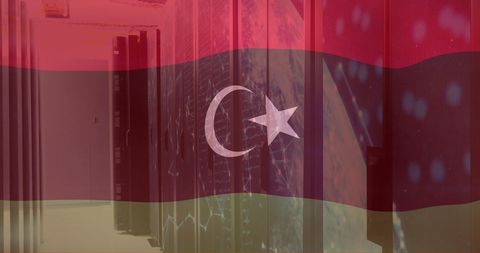 Libya Flag and Digital Data Overlay on Server Room