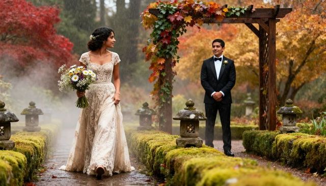 Bride walking down moss-lined garden path toward tuxedo groom under autumn arbor, romantic