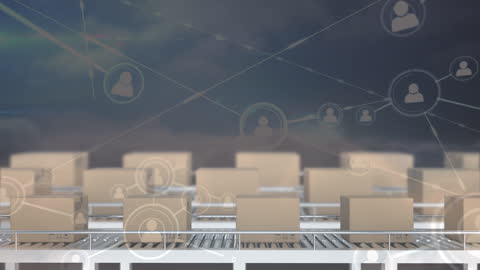 Global Network Concept with Boxes on Conveyor Belt