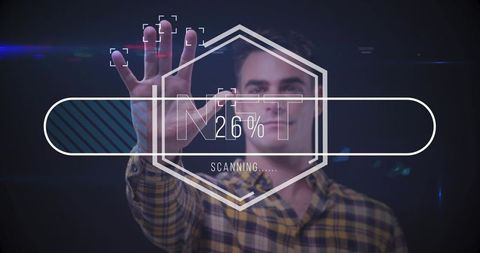 Man interacting with futuristic augmented reality hud showing 26% progress bar scanning