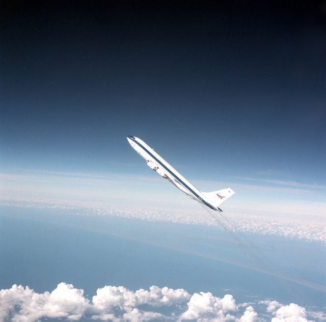 The Reduced-Gravity Program provides the unique weightless or zero-g environment of space flight for testing and training of human and hardware reactions. The reduced-gravity environment is obtained with a specially modified KC-135A turbojet transport which flies parabolic arcs to produce weightless periods of 20 to 25 seconds. KC-135A cargo bay test area is approximately 60 feet long, 10 feet wide, and 7 feet high. The image shows KC-135A in flight.