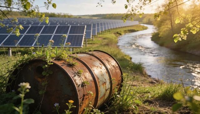 Rusty barrel sprouting wildflowers on riverbank beside solar panels at golden hour
