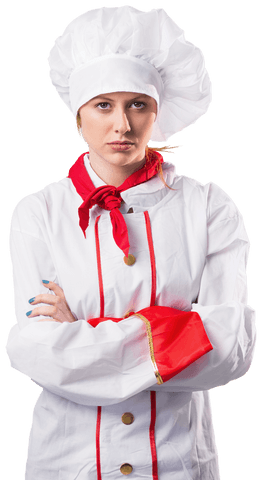 Transparent image of female chef standing with arms crossed and white uniform