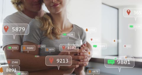Couple Embracing with Social Media Overlays