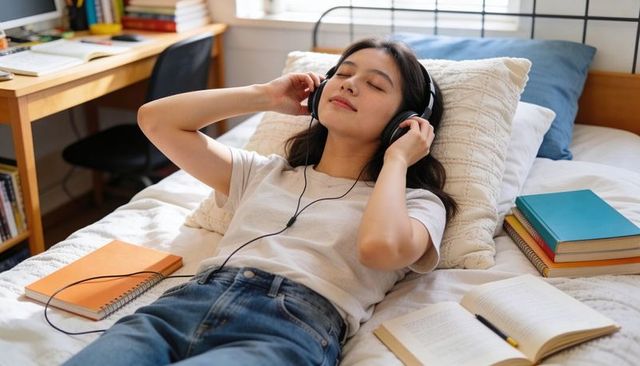 Young woman listening to music reclining on bed with headphones surrounded by books