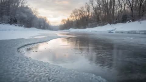 Low-Angle Winter River Video Showing Glassy Open Channel Reflecting Sunrise Over Snow
