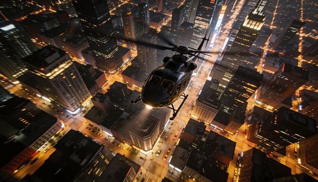 Nighttime utility helicopter scanning downtown streets with searchlight over city grid