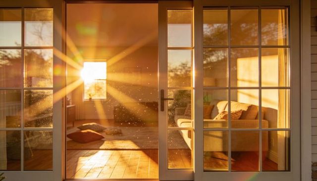Sunburst through glass-paned french doors bathing cozy living room in warm golden light