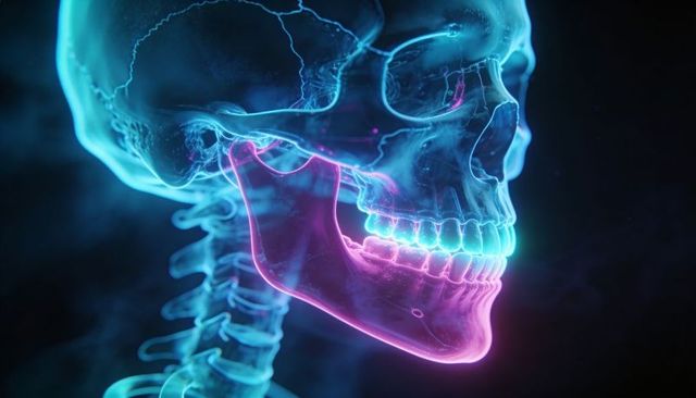 Neon glowing translucent skull highlighting mandible and cervical vertebrae