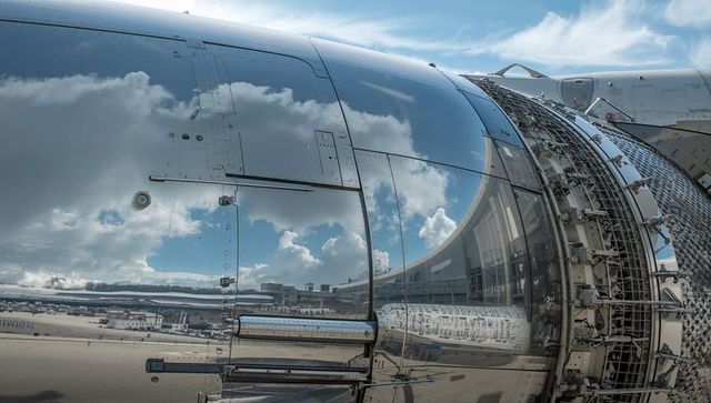 Polished turbofan nacelle open cowling reflecting terminal and cloudy blue sky