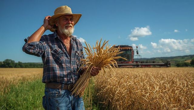 Bearded farmer holding sheaf of golden wheat touching straw hat beside combine harvester