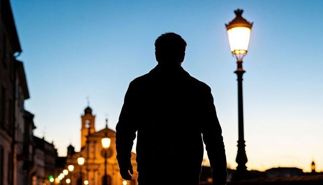 Standing silhouette watching historic bell tower at dusk on lamp lit european bridge