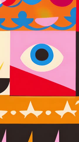 Vertical looping abstract animation with drifting pink petal and stylized eye for mobile