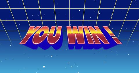 Retro you win text with galactic grid background