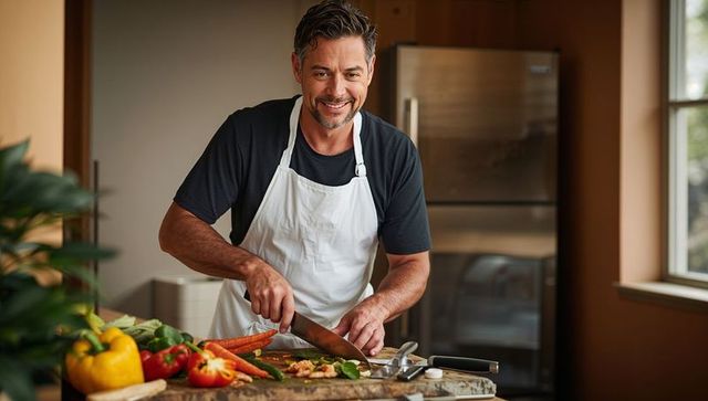 Smiling man chopping fresh vegetables on wooden board in home kitchen wearing white apron