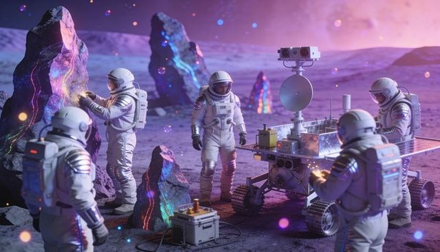 Astronauts Exploring Luminous Alien Rocks with Rover on Twilight Extraterrestrial Plain