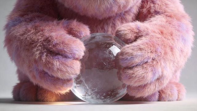 Cradling plush pink paws holding crystal orb, soft fur texture close-up, whimsical mood