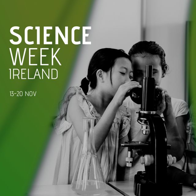 Composition of science week ireland text over diverse girls with microscope. Science week ireland concept digitally generated image.