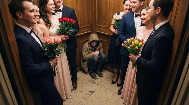 Wedding party in elevator surrounding solitary man in parka highlighting social contrast
