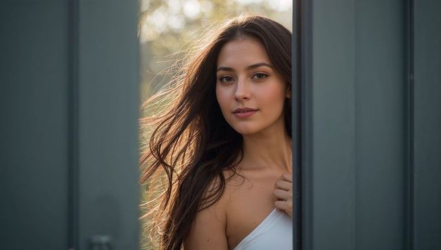 Sunlit brunette woman peeking through metal gate with flowing hair and soft backlight glow