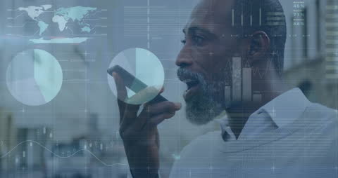 African American Man Communicating Through Smartphone with Digital Interface Overlay