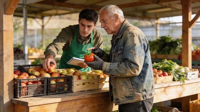 Young vendor assisting senior while selecting fresh apples and tomato at farmers market stall