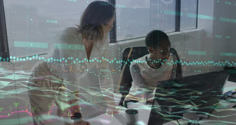 Team Analyzing Data with Digital Interface Overlay