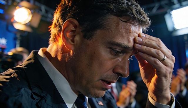 Politician sweating under harsh stage lights pressing forehead during tense debate moment