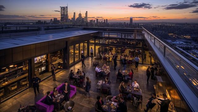 Sunset rooftop lounge with city skyline, guests dining and socializing on urban terrace