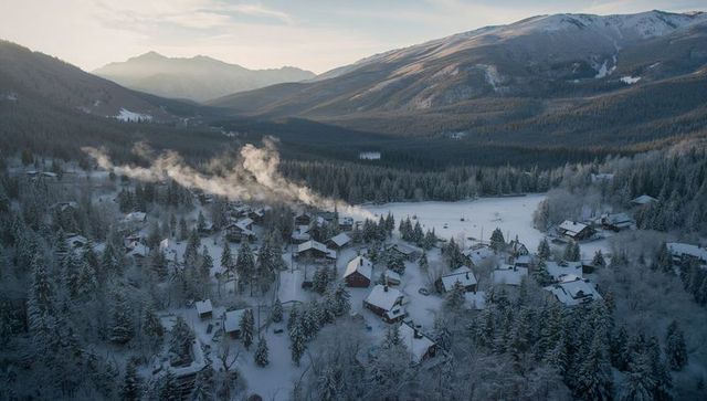 Winter Alpine Village Nestling in Snowy Valley with Frozen Lake and Smoke Rising