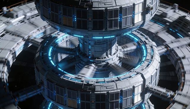 Rotating megastructure space station with glowing cyan torus rings and central hub