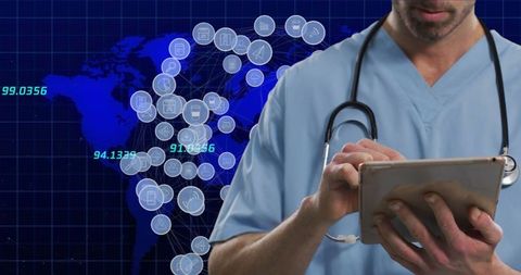 Doctor using tablet with global health data network background