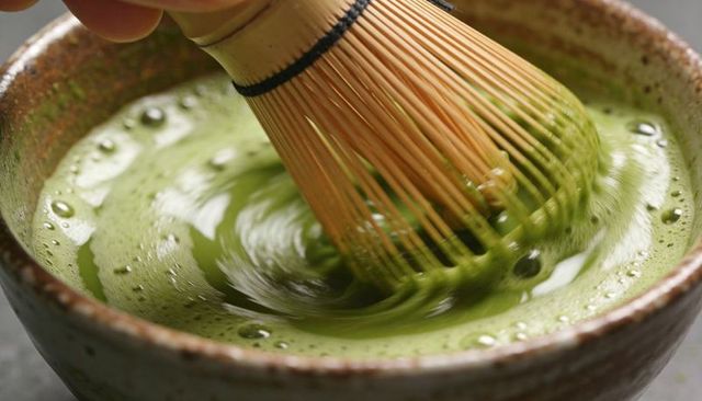 Whisking vibrant matcha tea with bamboo whisk in rustic chawan closeup, frothy ritual
