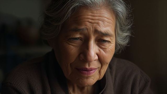 Pensive elderly asian woman reflecting in dim room closeup portrait showing quiet sorrow