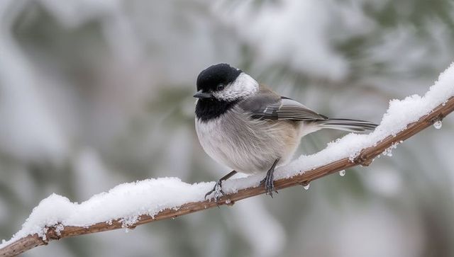 Black-capped chickadee perching and fluffing plumage on snowy branch with icy droplets