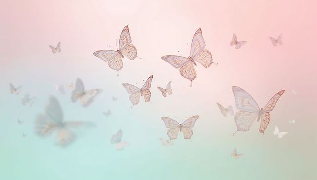 Butterflies drifting and fluttering across pastel pink to mint gradient, dreamy minimalist